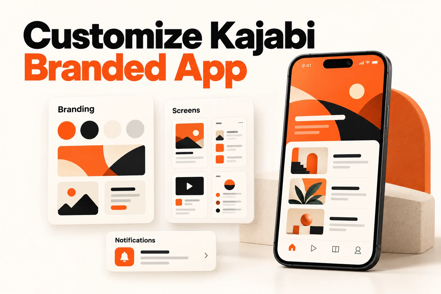 Illustrative branded app customization concept showing branding, screen layouts and notifications