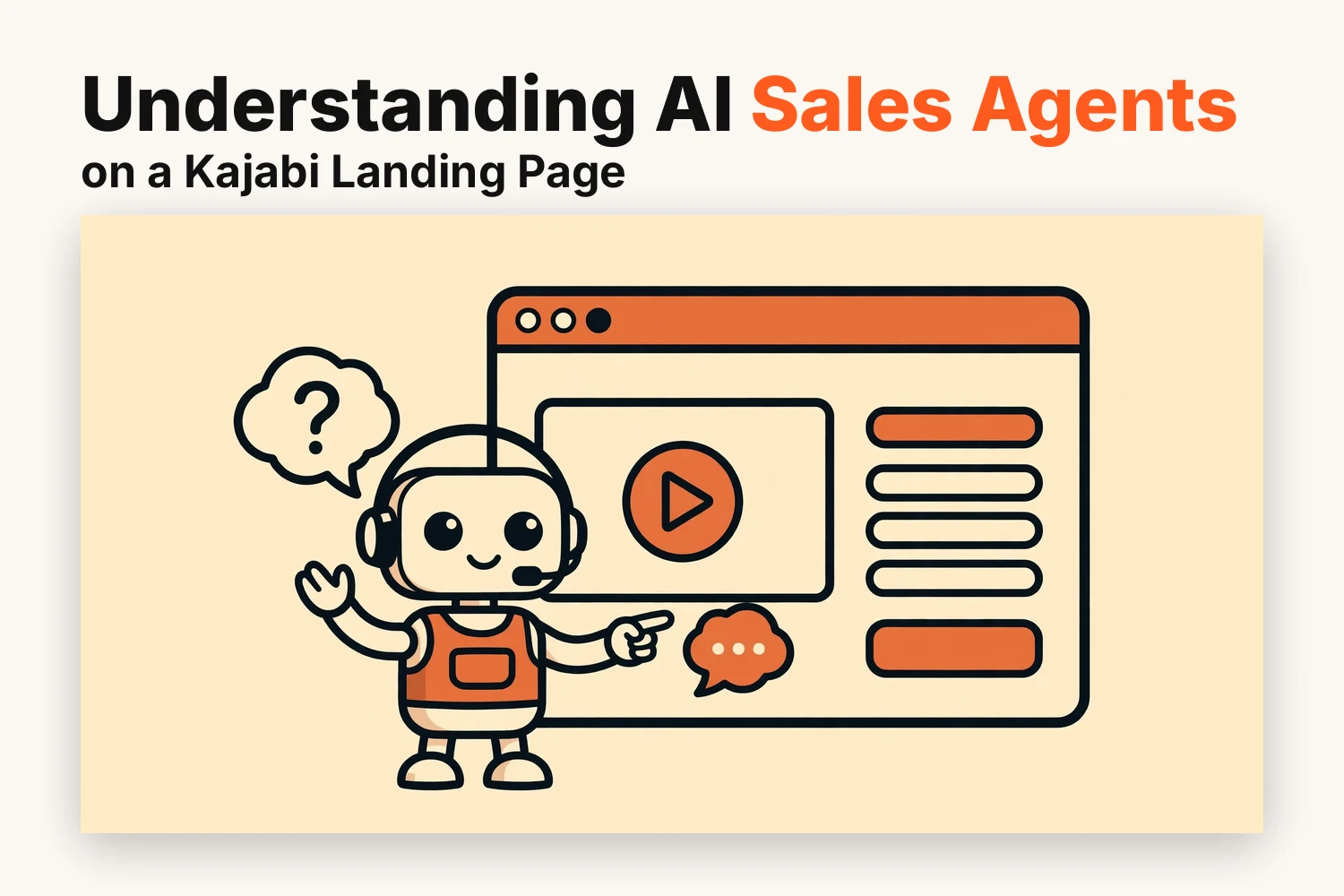 A friendly AI sales agent robot with a headset standing in front of a Kajabi landing page, answering a visitor question and pointing to the course offer details