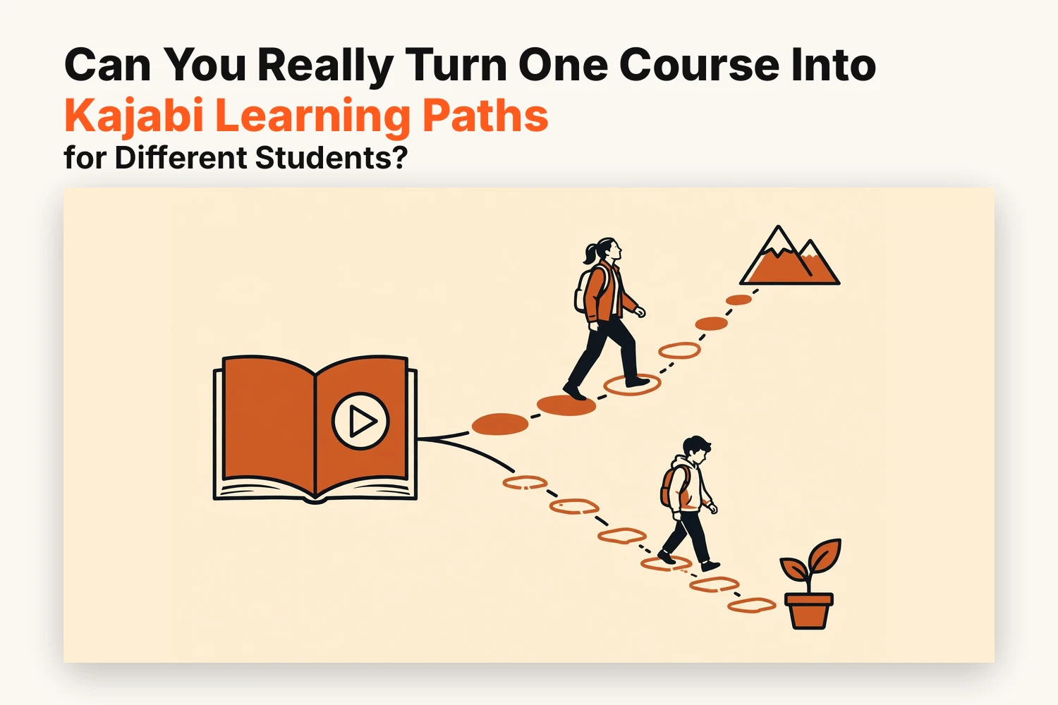 One Kajabi course book splitting into two learning paths, one for an experienced student striding ahead and one for a beginner on a slower stepped path