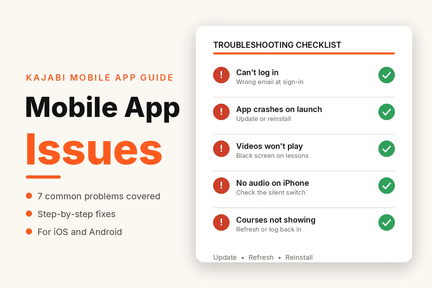Illustration of a troubleshooting checklist for Kajabi mobile app issues, showing common problems with fixes