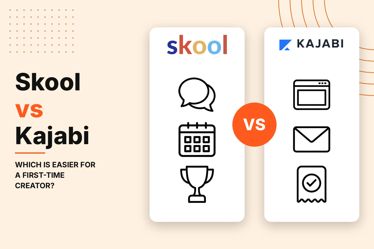 Skool versus Kajabi comparison with two brand cards, a VS badge between them, and icons for community and sales features