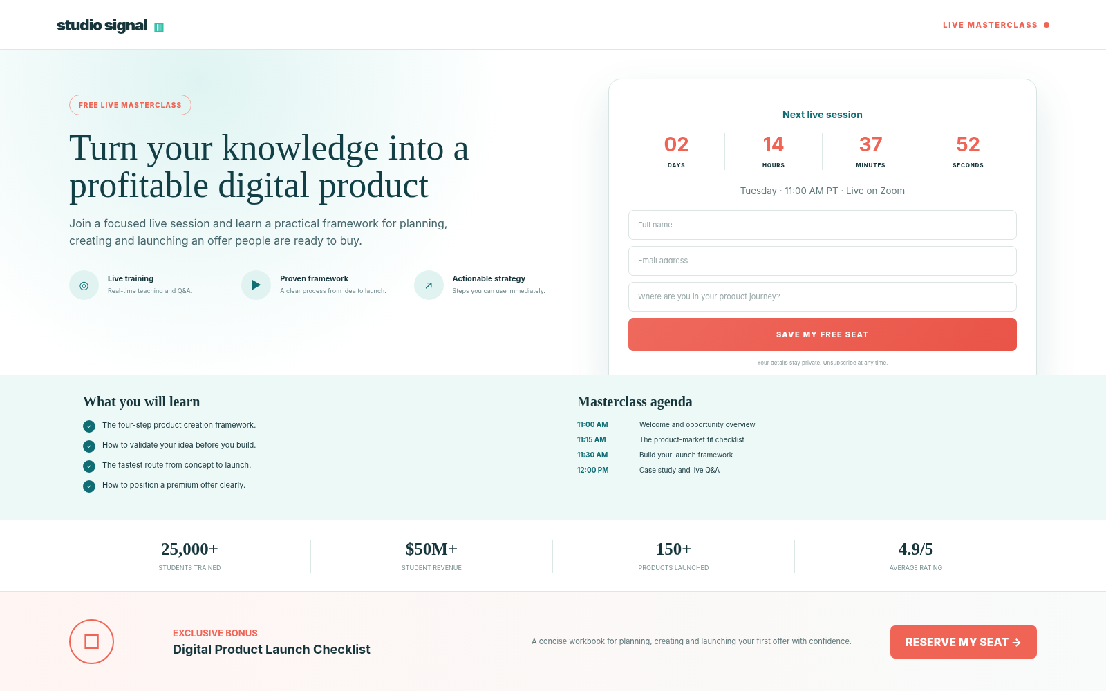 Original teal and coral webinar registration page illustrative Kajabi concept